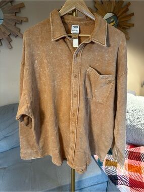 PINK Victoria's Secret Shacket Tan Brown Button-Up Sweatshirt NWT